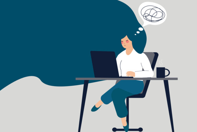 illustration of work stress. Professional worker sitting in front of her computer and feeling upset.